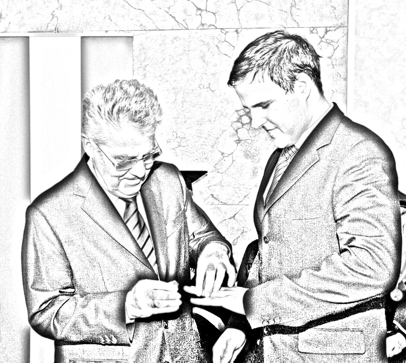Pencil-sketch rendering of Alexander Jung receiving the ring of honour from Austrian Federal President Heinz Fischer