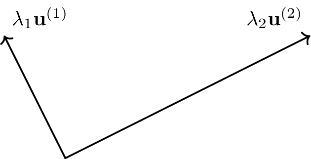 The spectral decomposition of a normal matrix ${\bf A}$ provides an
orthonormal basis ${\bf u}^{(1)}, {\bf u}^{(2)}$. Applying ${\bf A}$
amounts to a scaling of the basis vectors by the eigenvalues
$\lambda_{1},\lambda_{2}$.[]{#fig:eigenvectors-length_dict
label="fig:eigenvectors-length_dict"}